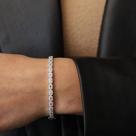 Rachel Koen Baguette Round Cut Diamond Bangle 14K White Gold 0.86Cttw - Picture 1 of 7